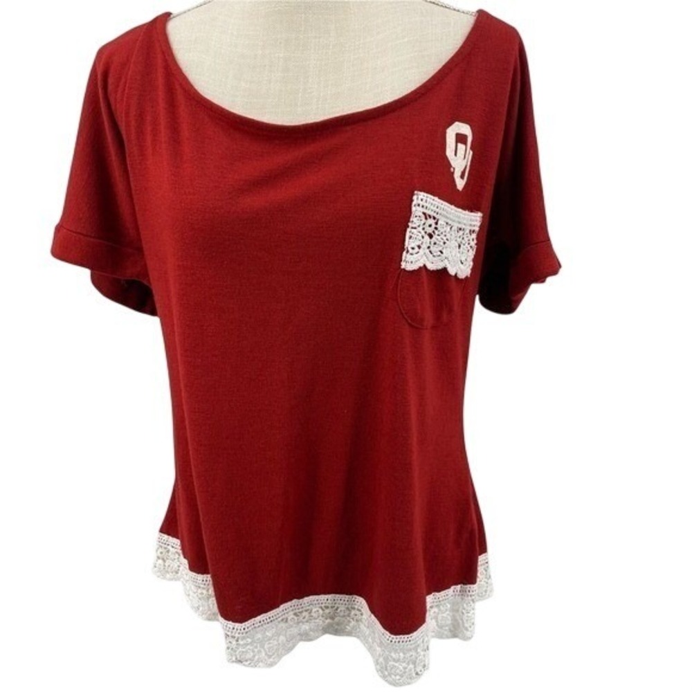Bamboa Women XXL Oklahoma Sooners OU Crimson Lace Trim Pocket Tee Shirt
